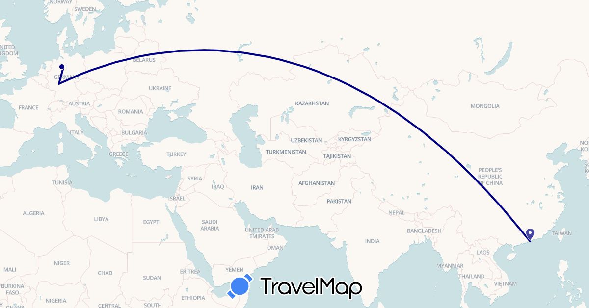 TravelMap itinerary: driving in China, Germany (Asia, Europe)